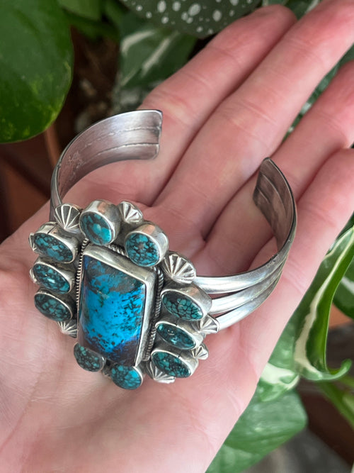 Handcrafted Sterling Silver, Hubei Turquoise and Chrysocolla Azurite Cuff Bracelet by Rosella Paxson /