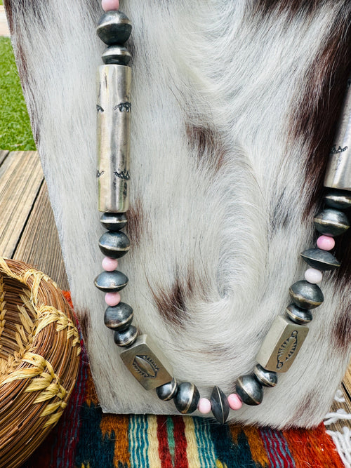 Handcrafted Queen Pink Conch & Hand Stamped Sterling Silver 36” Beaded Necklace