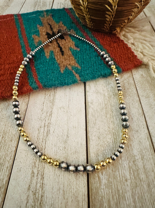 Navajo Sterling Silver & Gold Beaded 16” Necklace