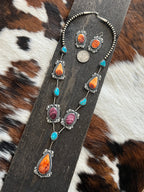 Handcrafted Sterling Silver, Spiny Oyster and Turquoise Link and Bead Necklace and Earrings Set by Derrick Gordon