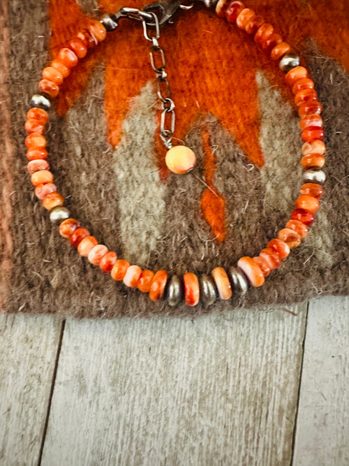Navajo Sterling Silver Pearl & Spiny Oyster Beaded Bracelet