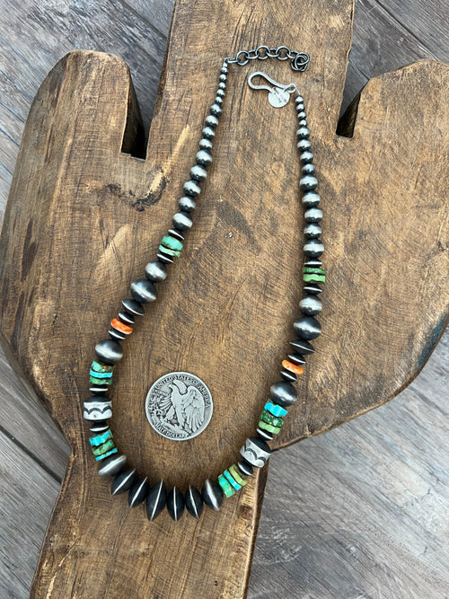 Navajo Made Electric Rainbow Sterling Silver, Turquoise and Spiny Oyster Single Strand Beaded Necklace by Rose Martin, 18 + 2 Inches