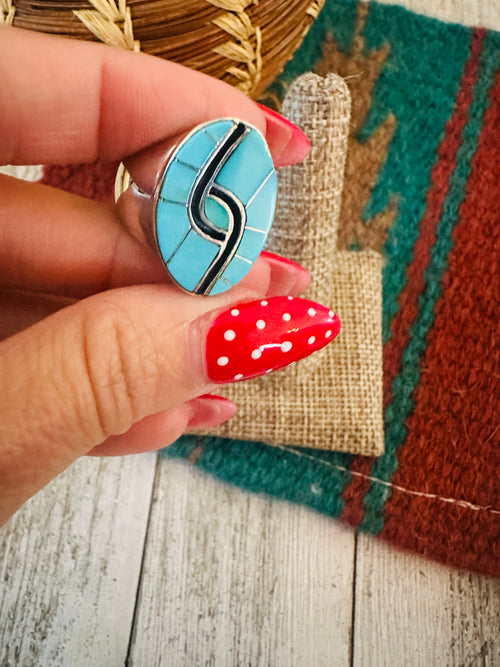 Old Pawn Navajo Sterling Silver, Turquoise & Onyx Inlay Ring Size 9