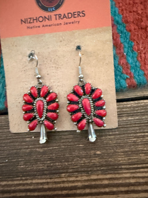 Handcrafted Old Pawn Sterling Silver & Coral Cluster Dangle Earrings