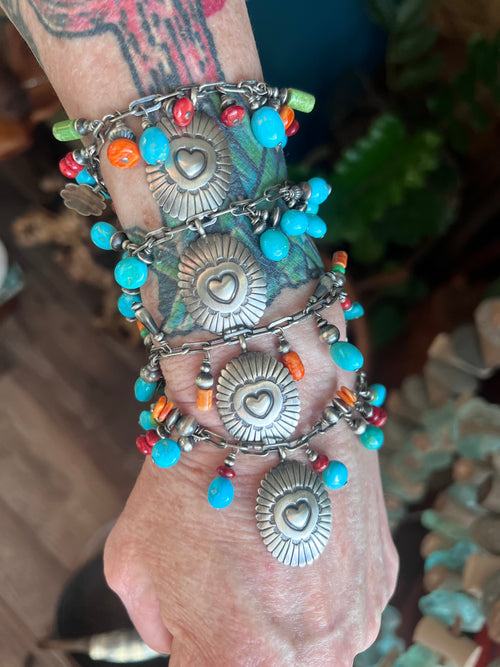 Raymond Coriz Handcrafted Sterling Silver Concho & Sonoran Turquoise Beaded Charm Bracelet