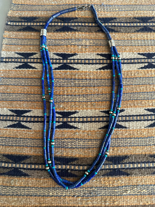Old Pawn Sterling Silver Lapis and Turquoise Beaded 28 inch Necklace