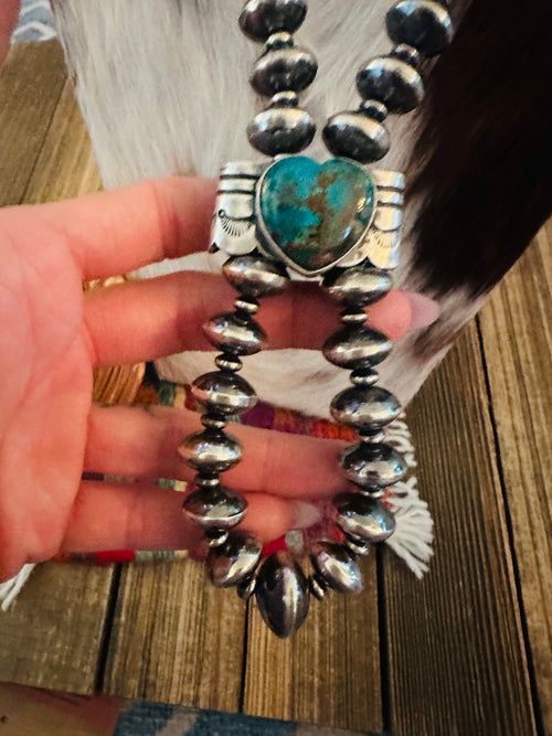 Handcrafted Turquoise & Sterling Silver Beaded Double Sided Jacla Necklace