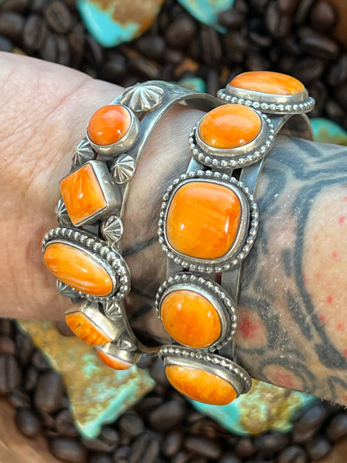 Apache Sterling Silver and Orange Spiny Oyster Shell Cuff Bracelet by Rosella Paxson