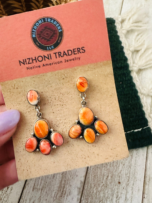 Old Pawn Handcrafted Sterling Silver and Orange Spiny Dangle Earrings