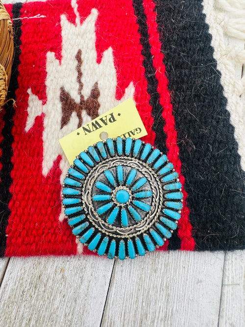 Old Pawn Handcrafted Sterling Silver and Turquoise Cluster Pendant/Brooch