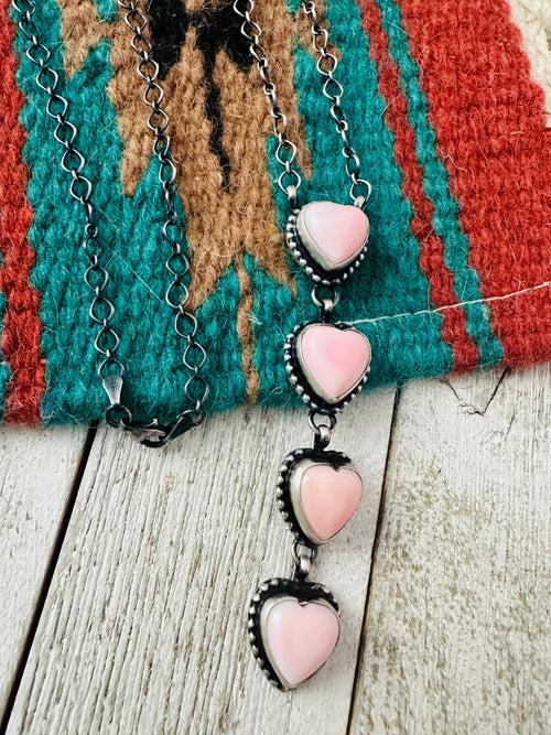 Handcrafted Queen Pink Conch & Sterling Silver Pearl Lariat Heart Necklace