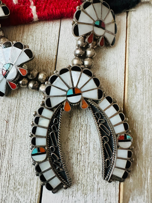 Vintage Old Pawn Sunface Multi Stone & Sterling Silver Beaded Squash Blossom Necklace