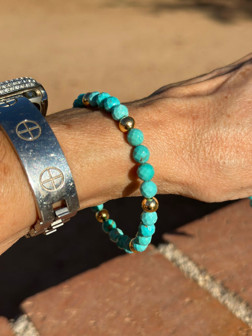 Handcrafted Sterling Silver with 14kt Gold Overlay Kingman Turquoise Beaded Bracelet