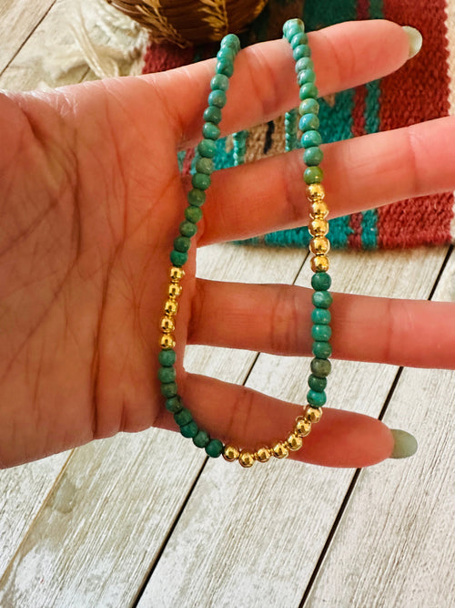 Handcrafted Turquoise & Gold Beaded 16” Necklace