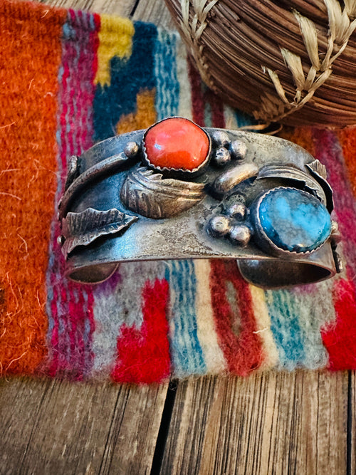 Handcrafted Old Pawn Sterling Silver, Turquoise & Coral Cuff Bracelet