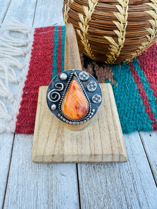 Old Pawn Navajo Sterling Silver & Orange Spiny Ring Size 8