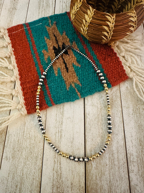 Navajo Sterling Silver & Gold Beaded 16” Necklace