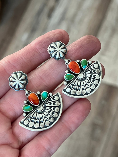 Handcrafted Beautiful Sterling Silver, Sonoran Turquoise and Spiny Oyster Shell Fruit Slice Concho Post Earrings by Loretta Delgarito