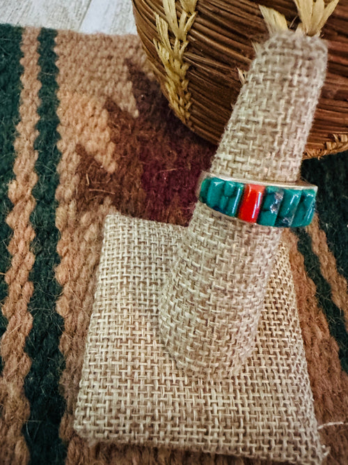 Old Pawn Handcrafted Turquoise, Coral & Sterling Silver Band Ring Size 6