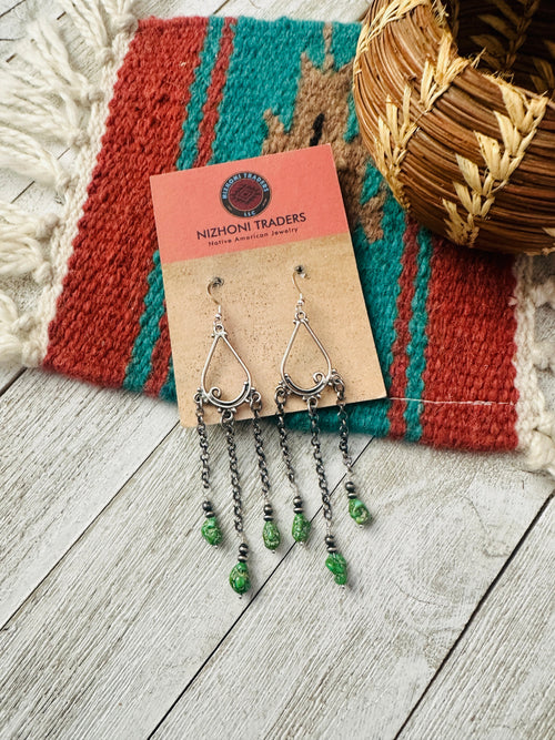Navajo Sonoran Gold Turquoise & Sterling Silver Beaded Dangle Earrings