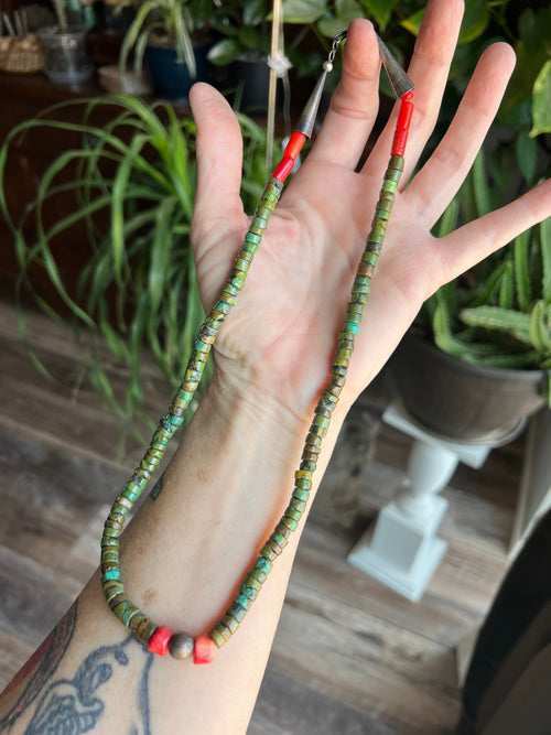 Navajo Hubei Turquoise Beaded Necklace with Sterling Silver and Bamboo Coral by Kirby Smith: 13 To Choose From!