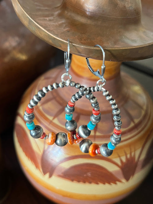 Navajo Made Electric Rainbow Sterling Silver, Turquoise & Spiny Oyster Beaded Drop Hoop Earrings, Leverback