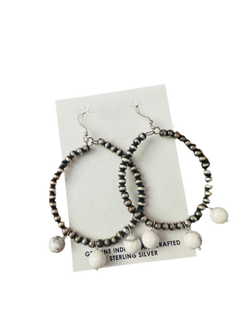 Navajo White Buffalo & Sterling Silver Pearl Beaded Hoop Earrings