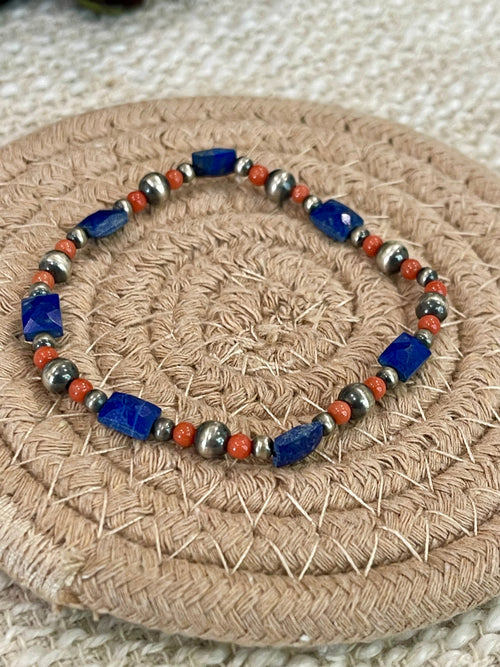 ** 4TH OF JULY ** Handmade Sterling Silver , Coral & Lapis Beaded Bracelet with Signed Nizhoni