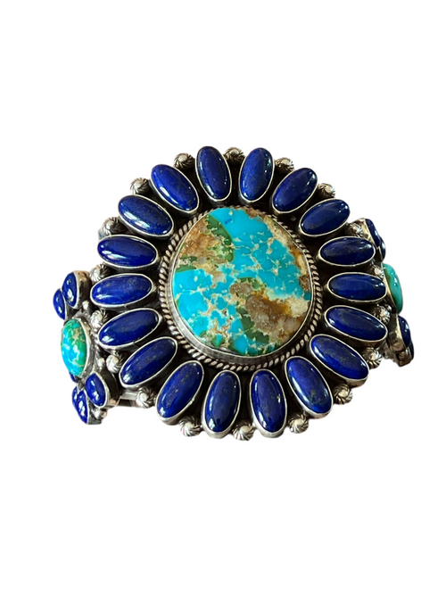 Sterling Silver, Sonoran Mountain Turquoise and Lapis Lazuli Cluster Cuff Bracelet by Tyler Brown /