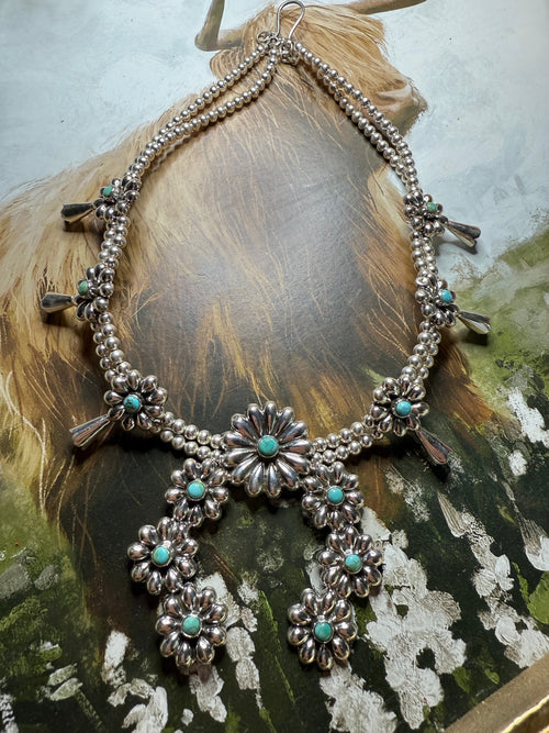 Handmade Sterling Silver & Turquoise Flower Squash Blossom Necklace
