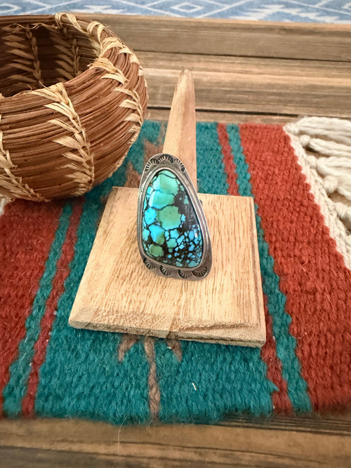 Old Pawn Handcrafted Hubei Turquoise & Sterling Silver Ring Size 10.25