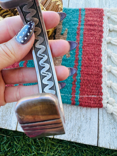 Handcrafted Old Pawn Sterling Silver with 14K Gold Overlay Storyteller Cuff Bracelet
