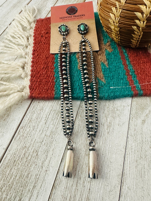 Navajo Turquoise & Sterling Silver Pearl Beaded Blossom Dangle Earrings