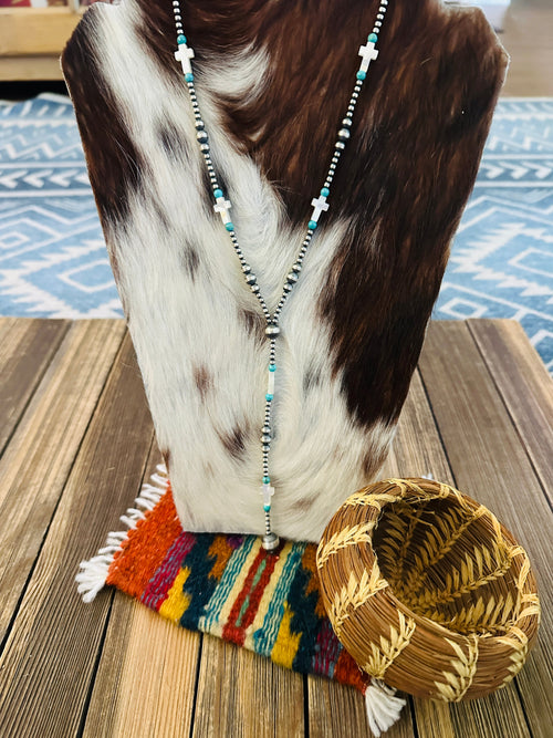 Handcrafted Turquoise, Mother of Pearl & Sterling Silver Pearl 20” Beaded Lariat Necklace