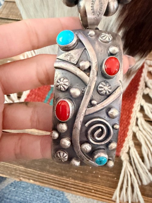 Handcrafted Turquoise, Coral & Sterling Silver Beaded Necklace by Debra Smith