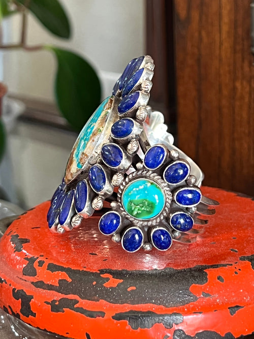Sterling Silver, Sonoran Mountain Turquoise and Lapis Lazuli Cluster Cuff Bracelet by Tyler Brown /