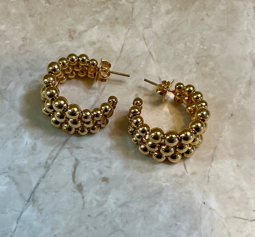 Triple Beaded Hoop Earrings 18k Gold-Plated