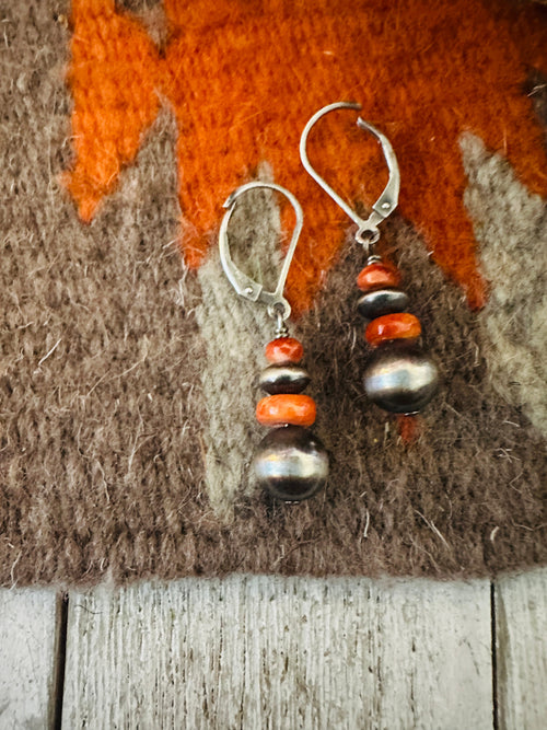 Navajo Spiny Oyster & Sterling Silver Pearl Dangle Earrings