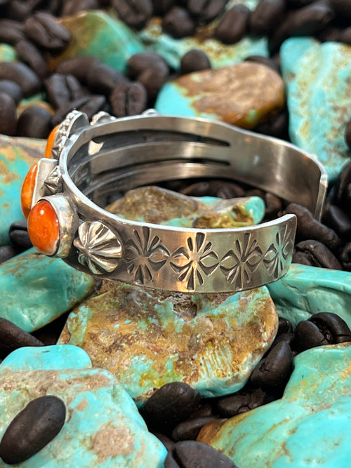 Apache Sterling Silver and Orange Spiny Oyster Shell Cuff Bracelet by Rosella Paxson