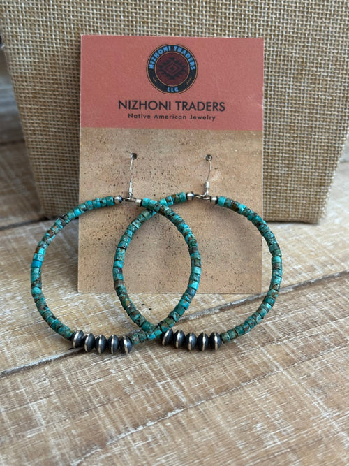 Handcrafted Sterling Silver and Royston Turquoise 2 inch Beaded Hoop Earrings