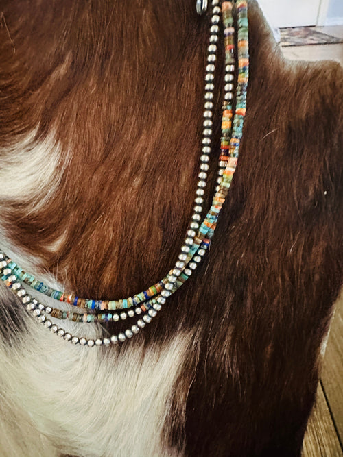 Handcrafted Turquoise, Spiny Oyster & Sterling Silver Pearl Triple-Strand 16” Beaded Necklace