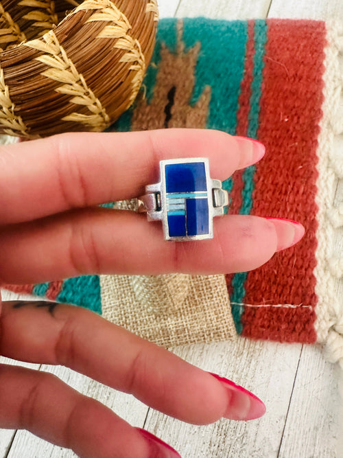 Old Pawn Navajo Sterling Silver, Lapis & Turquoise Inlay Ring Size 7