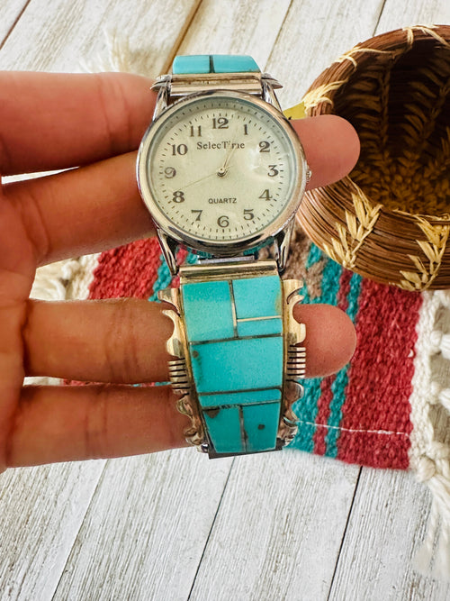 Handcrafted Old Pawn Vintage Turquoise & Sterling Silver Inlay Watch