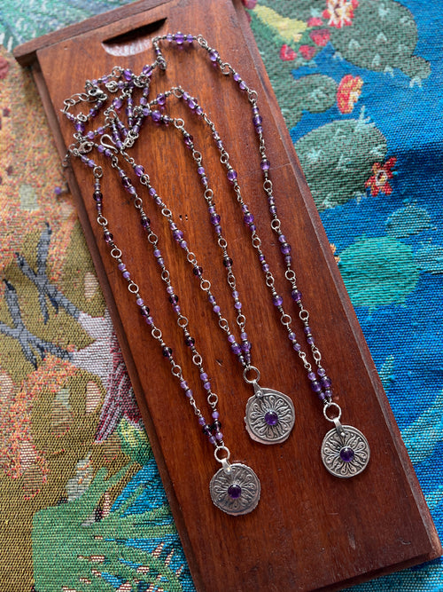 Tularosa Rosary Style Sterling Silver and Amethyst Relic Coin Necklace
