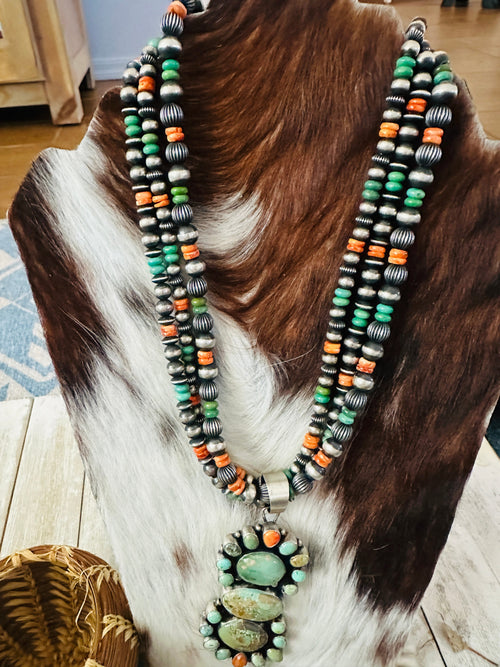 Handcrafted Vintage Old Pawn Turquoise, Spiny & Sterling Silver Beaded Necklace and Earring Set