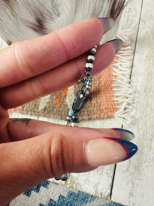 Handcrafted Turquoise & Sterling Silver Pearl 14” Beaded Necklace