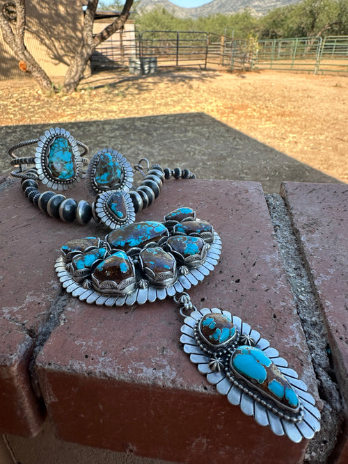 Charles Johnson Navajo Number 8 Turquoise & Sterling Silver Necklace, Bracelet and Ring Set Signed