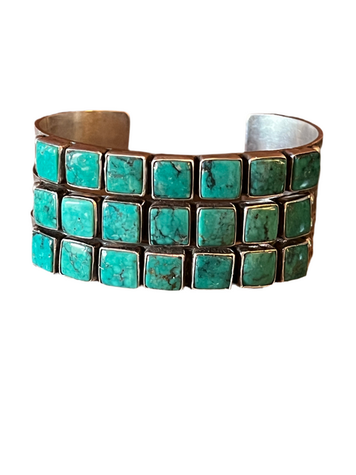 Handcrafted Vintage Sterling Silver and Turquoise Triple Row Square Stone Cuff /
