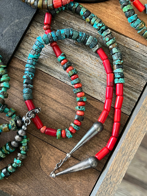 Navajo Hubei Turquoise Beaded Necklace with Sterling Silver and Bamboo Coral by Kirby Smith: 13 To Choose From!