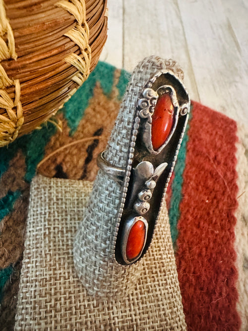 Old Pawn Navajo Sterling Silver & Coral Ring Size 6